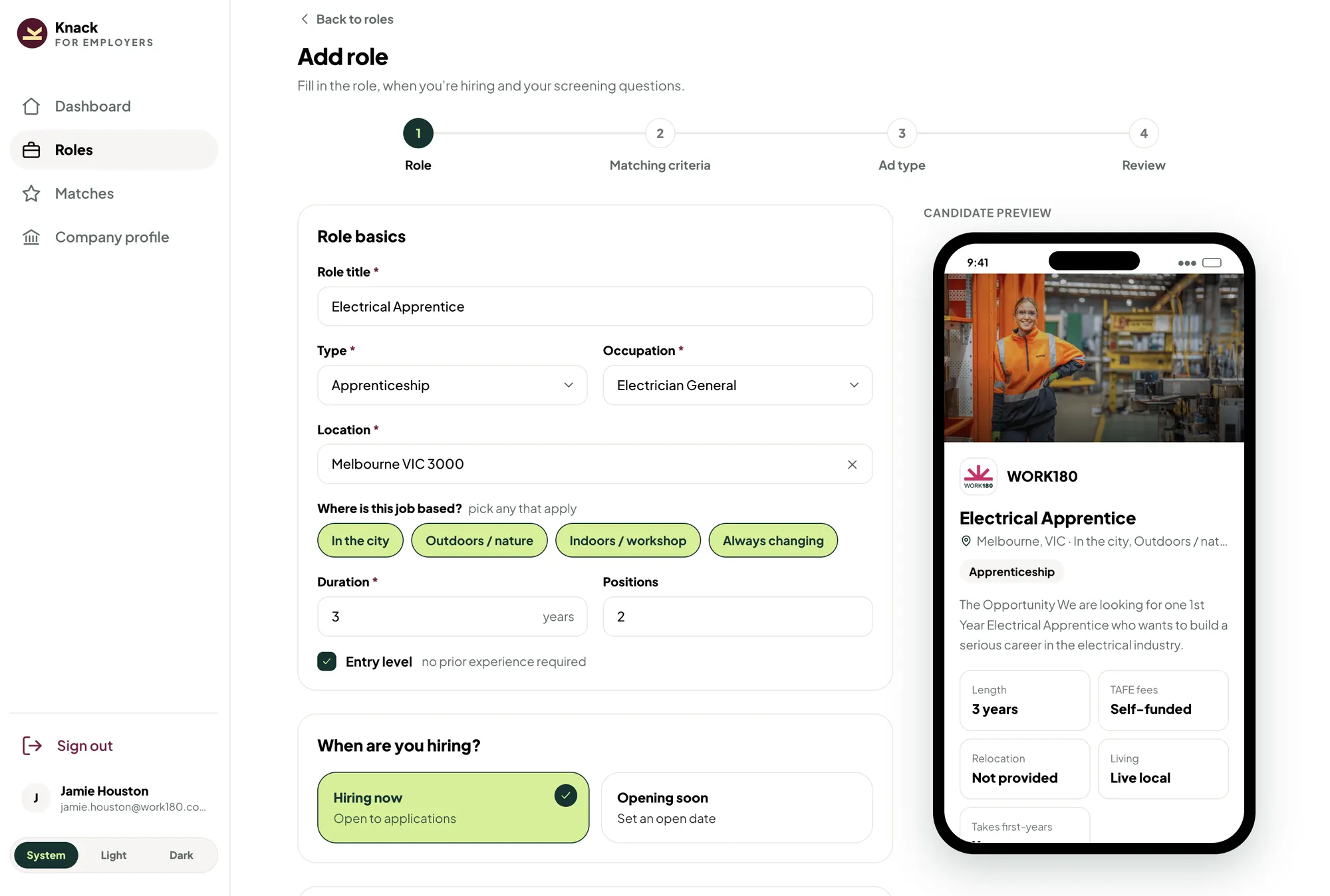 Knack for Employers product screen